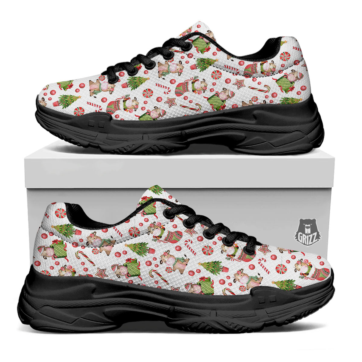 Cow Christmas Print Pattern Black Chunky Shoes-grizzshop
