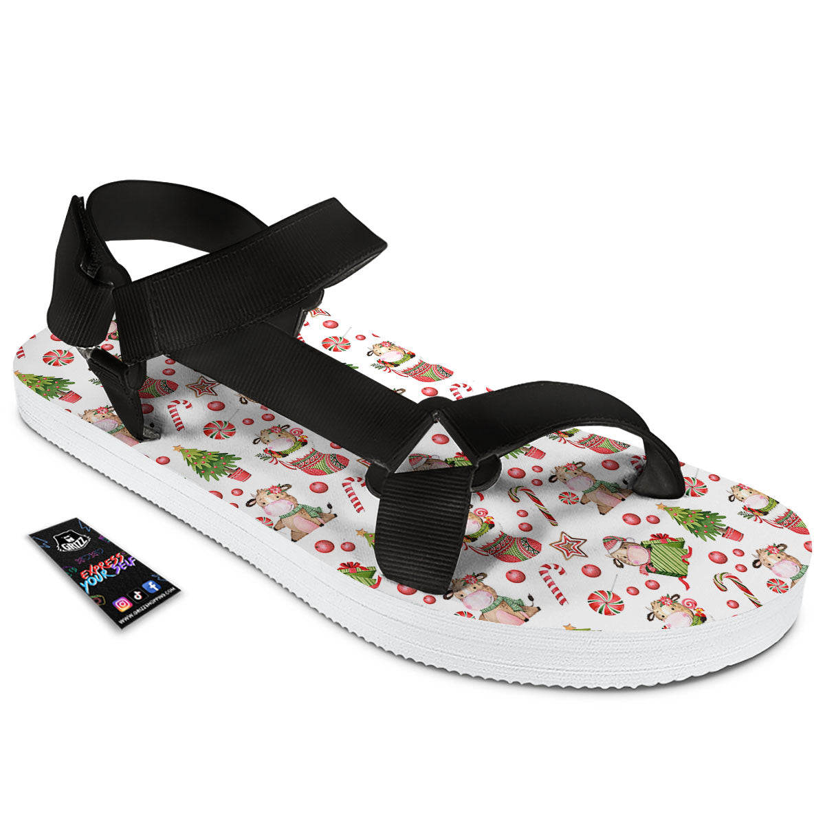 Cow Christmas Print Pattern Black Open Toe Sandals-grizzshop