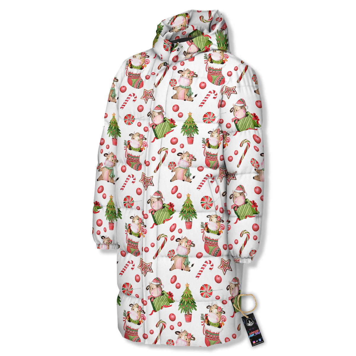 Cow Christmas Print Pattern Long Down Jacket-grizzshop