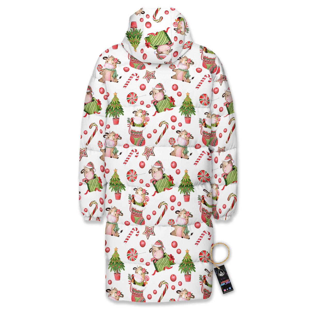 Cow Christmas Print Pattern Long Down Jacket-grizzshop