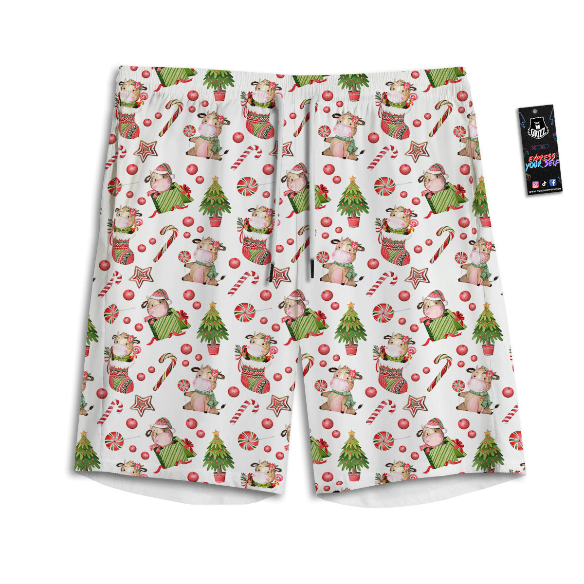 Cow Christmas Print Pattern Men's Athletic Shorts