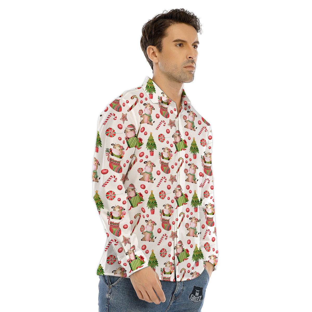 Cow Christmas Print Pattern Men's Dress Shirts-grizzshop