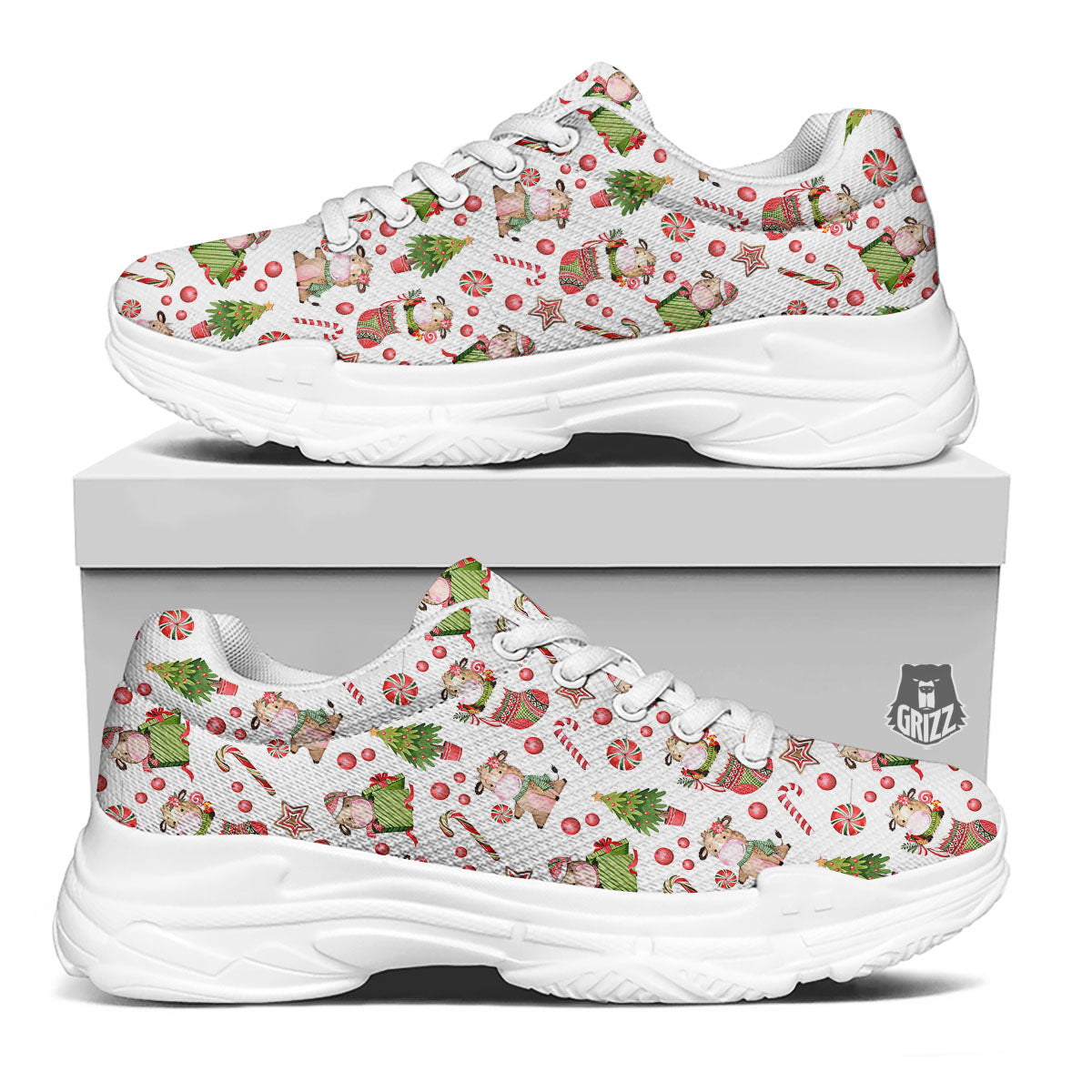 Cow Christmas Print Pattern White Chunky Shoes-grizzshop