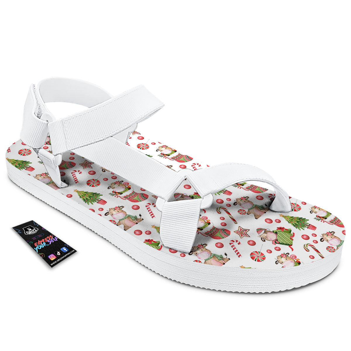 Cow Christmas Print Pattern White Open Toe Sandals-grizzshop