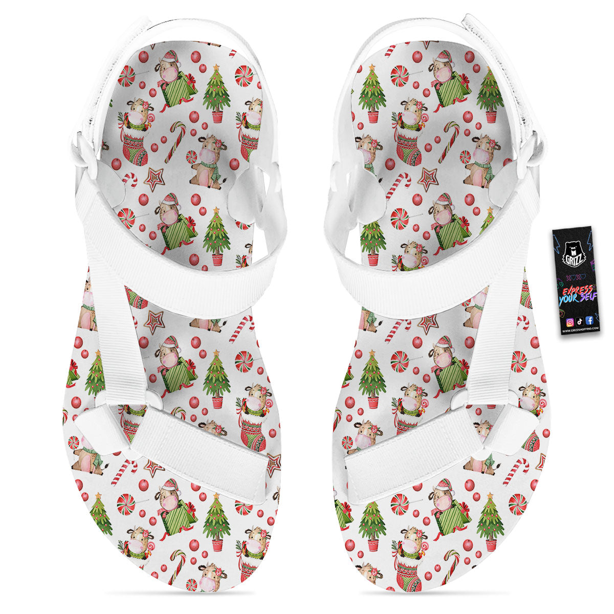 Cow Christmas Print Pattern White Open Toe Sandals-grizzshop