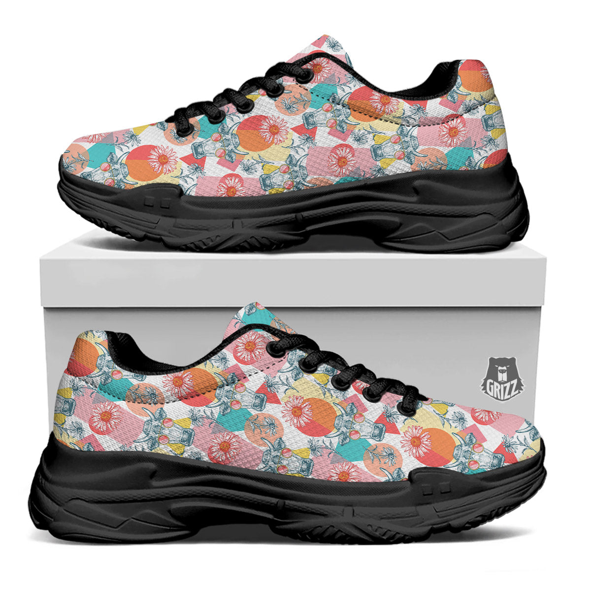 Cow Colorful Print Pattern Black Chunky Shoes-grizzshop