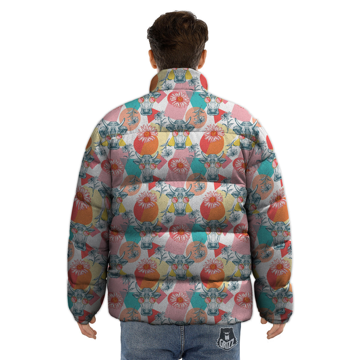 Cow Colorful Print Pattern Puffer Jacket-grizzshop