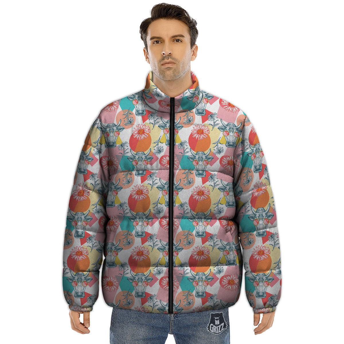 Cow Colorful Print Pattern Puffer Jacket-grizzshop