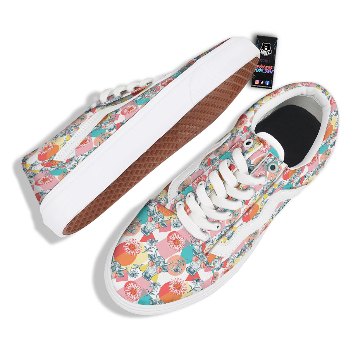 Cow Colorful Print Pattern Skate Shoes-grizzshop