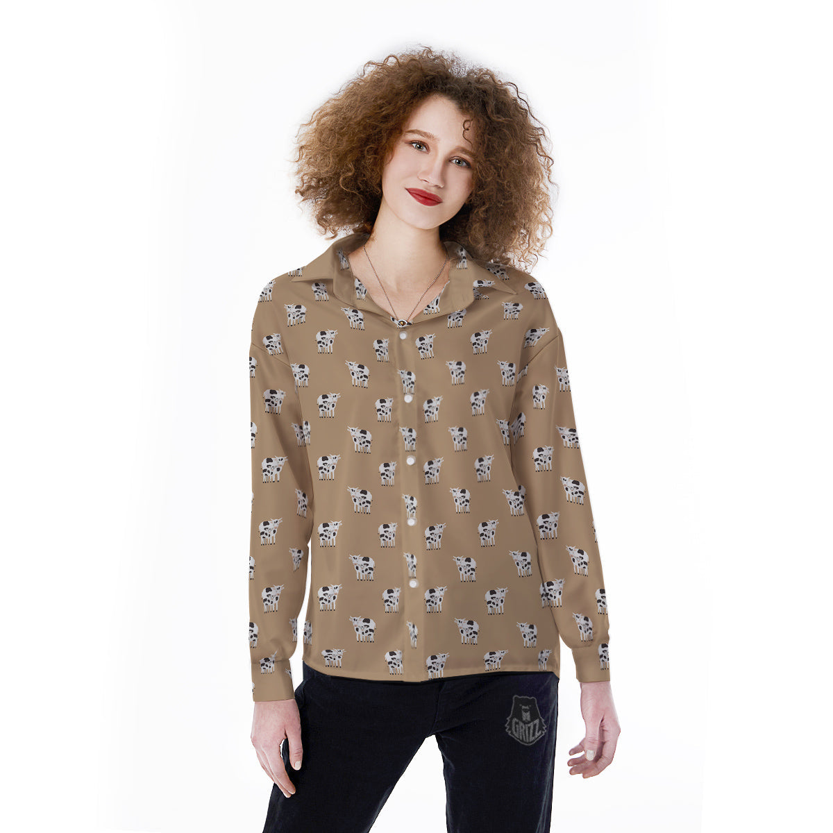 Cow Cute And Baby Cow Print Pattern Women's Long Sleeve Shirts-grizzshop