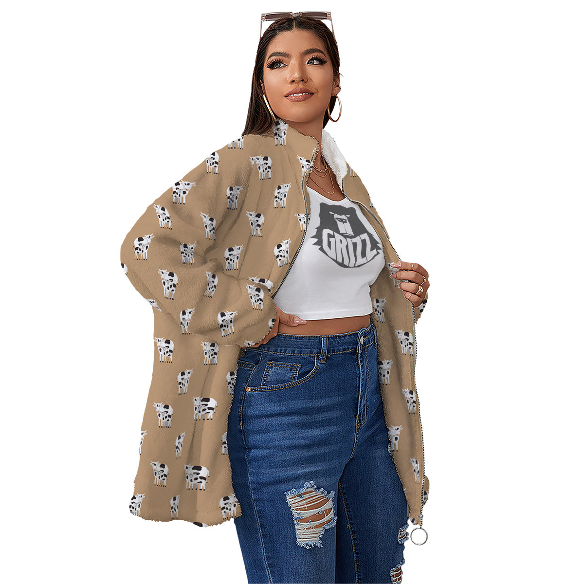 Cow Cute And Baby Cow Print Pattern Women's Sherpa Jacket-grizzshop