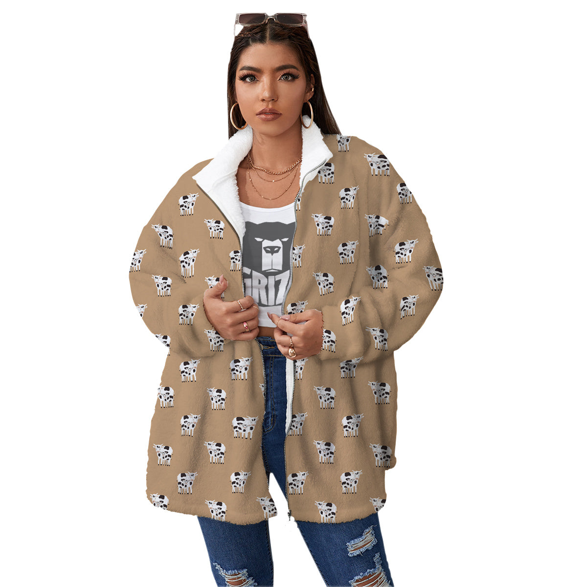 Cow Cute And Baby Cow Print Pattern Women's Sherpa Jacket-grizzshop