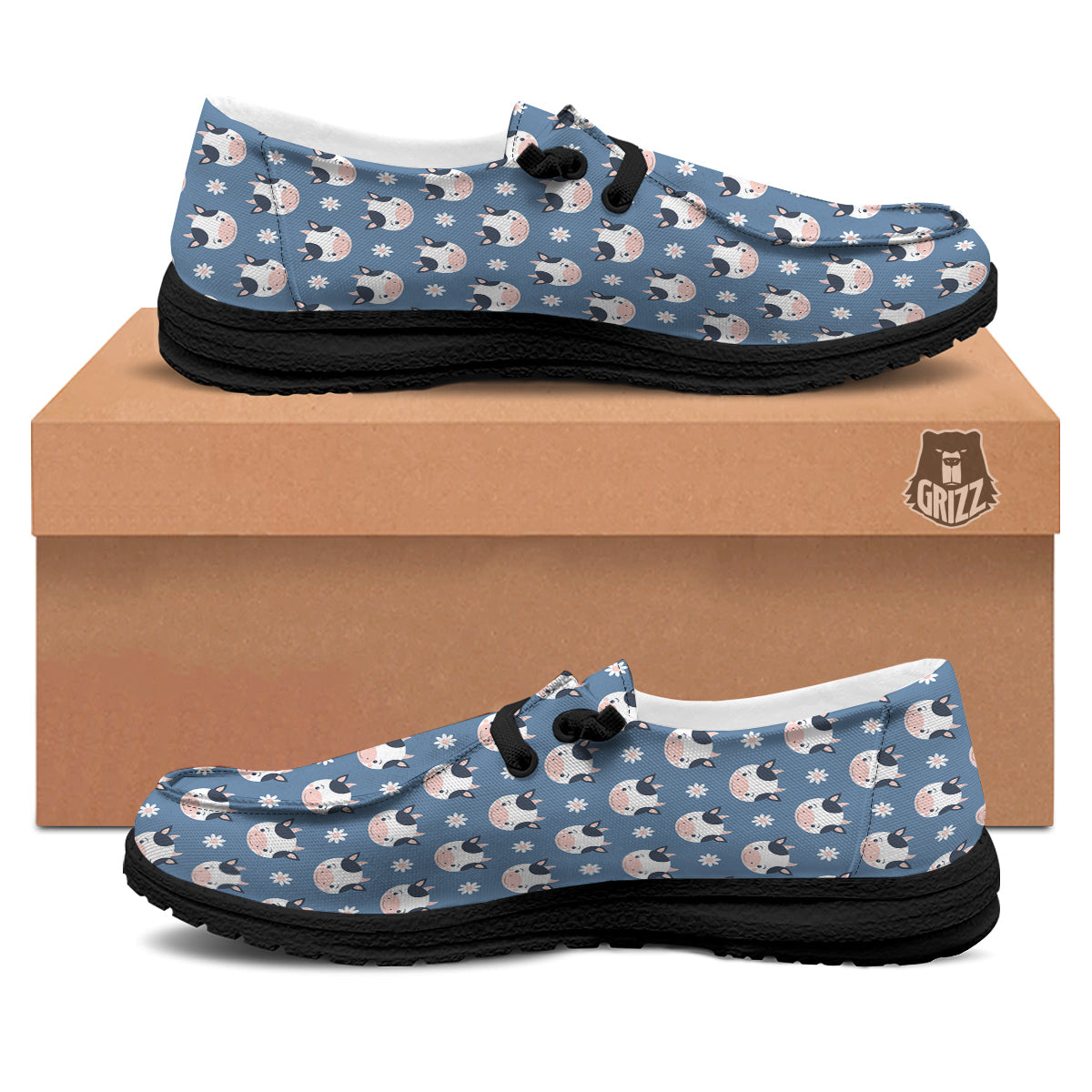 Cow Cute And Daisy Flower Print Pattern Black Loafers-grizzshop
