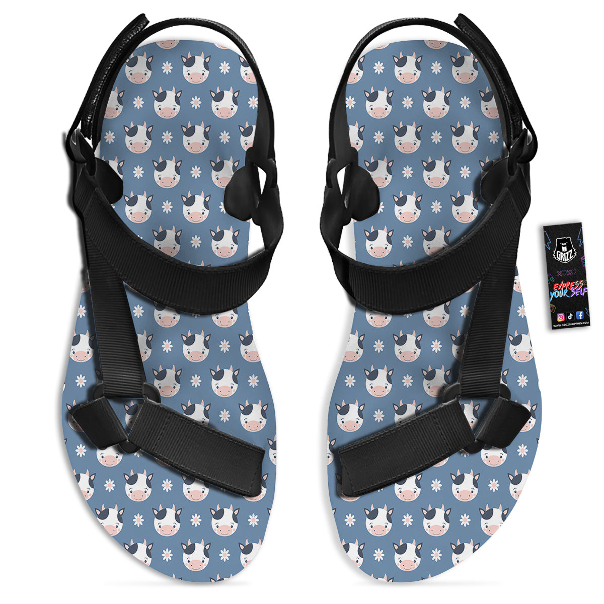Cow Cute And Daisy Flower Print Pattern Black Open Toe Sandals-grizzshop