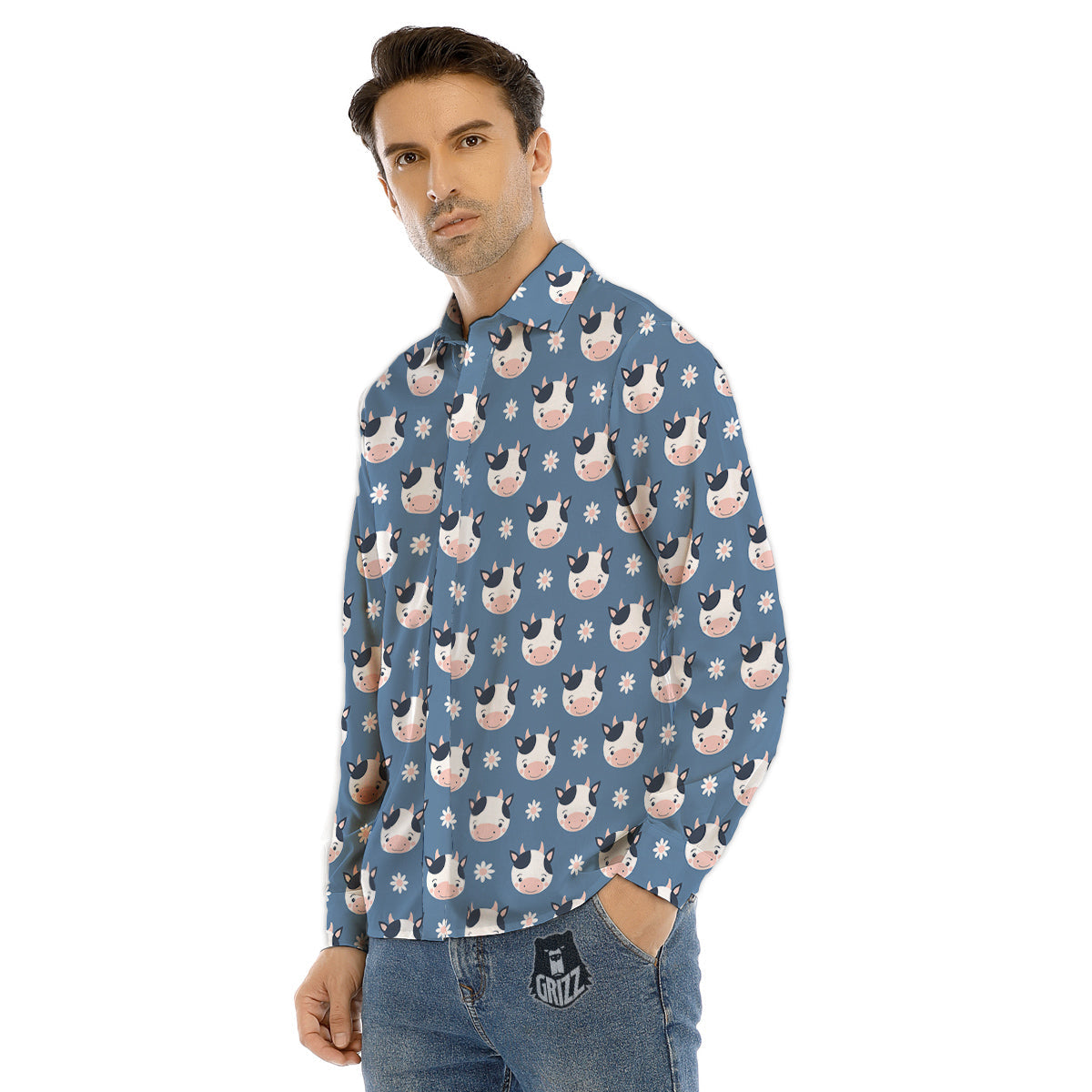 Cow Cute And Daisy Flower Print Pattern Men's Dress Shirts-grizzshop