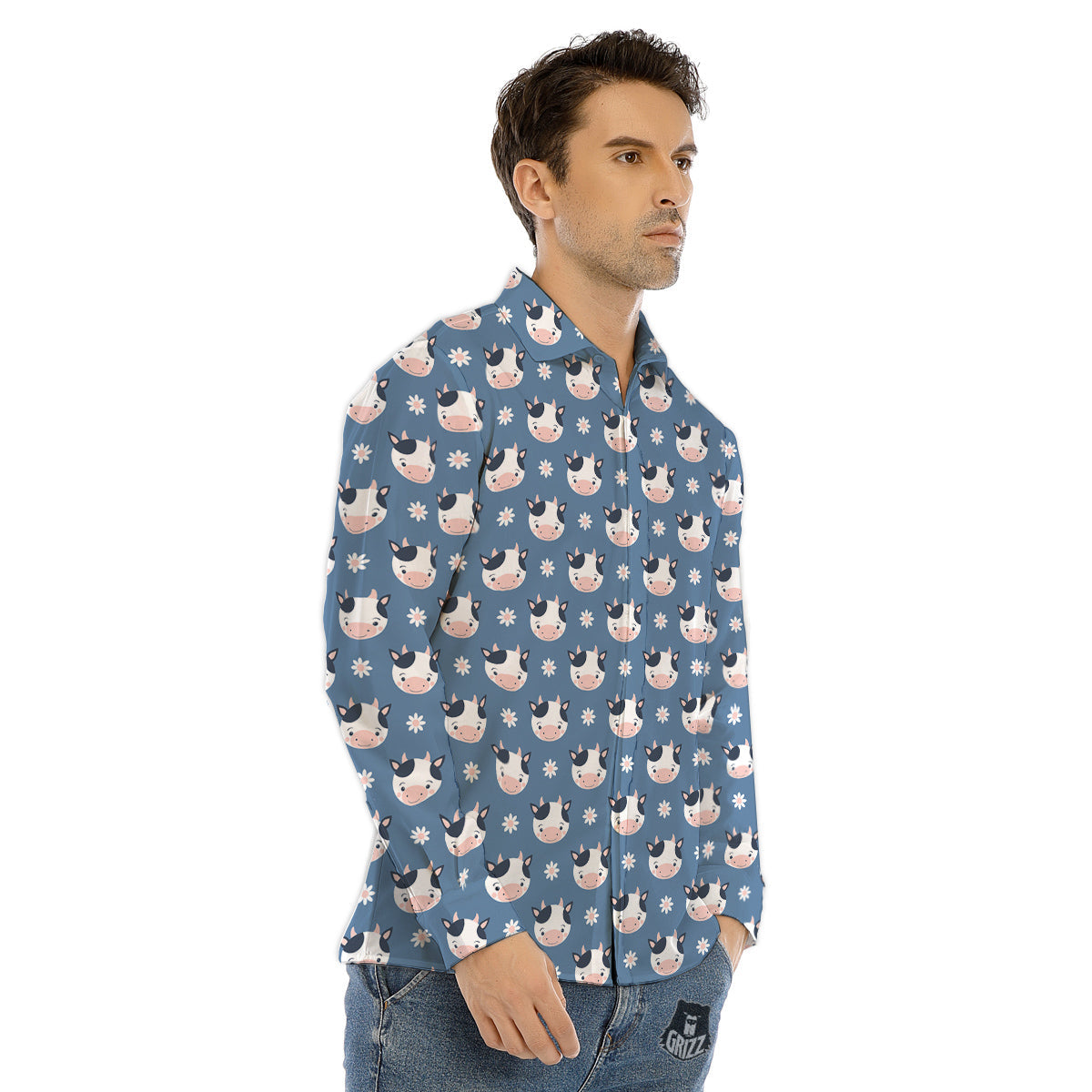 Cow Cute And Daisy Flower Print Pattern Men's Dress Shirts-grizzshop