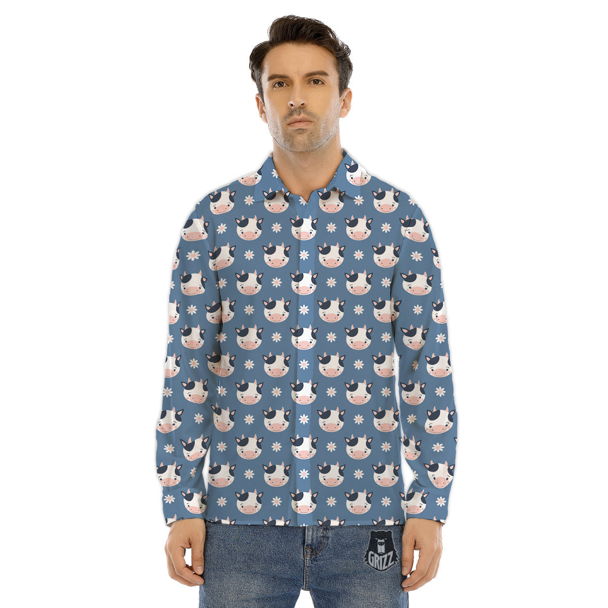 Cow Cute And Daisy Flower Print Pattern Men's Dress Shirts-grizzshop