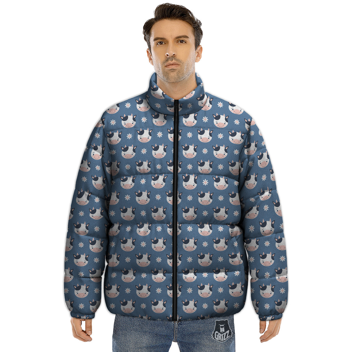 Cow Cute And Daisy Flower Print Pattern Puffer Jacket-grizzshop