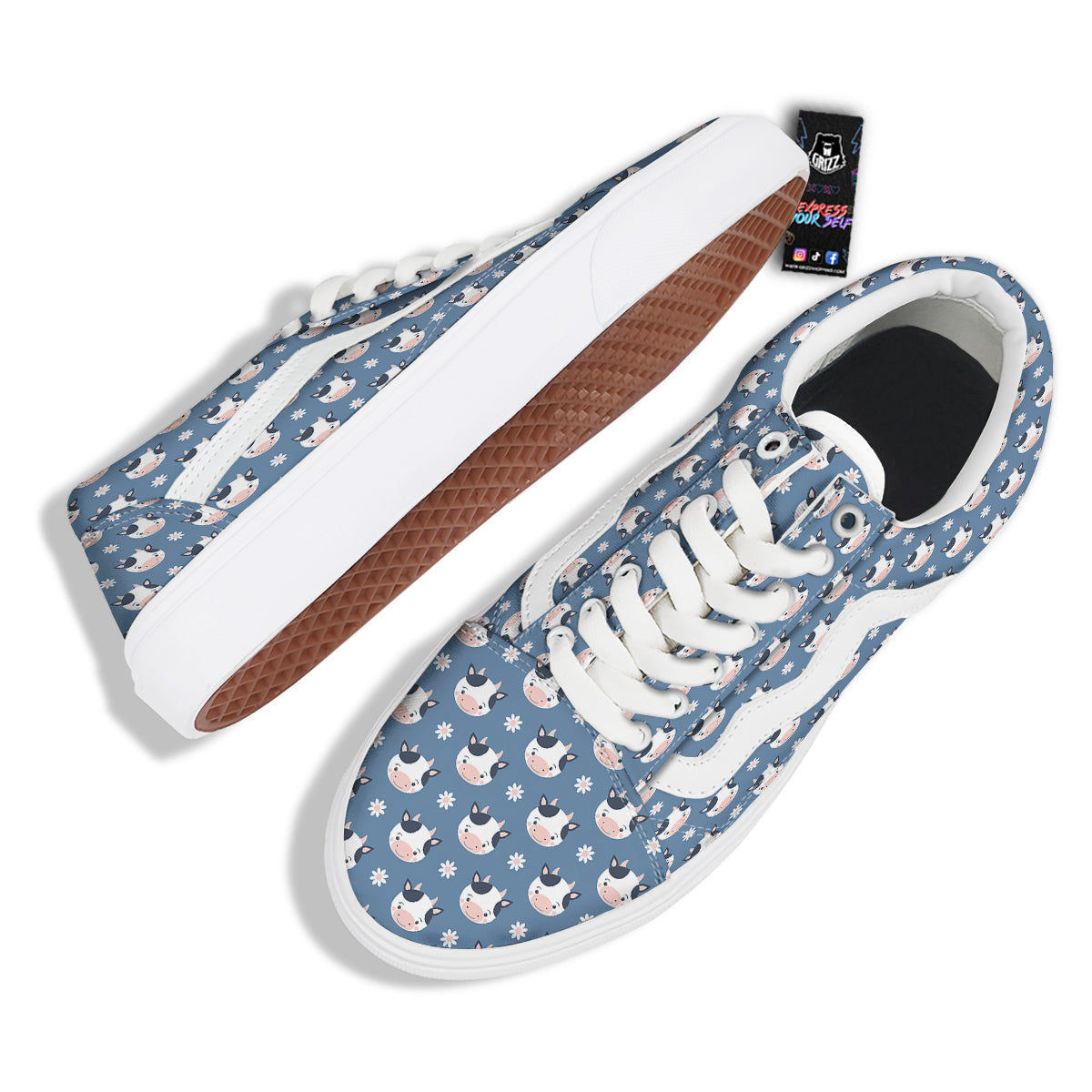 Cow Cute And Daisy Flower Print Pattern Skate Shoes-grizzshop