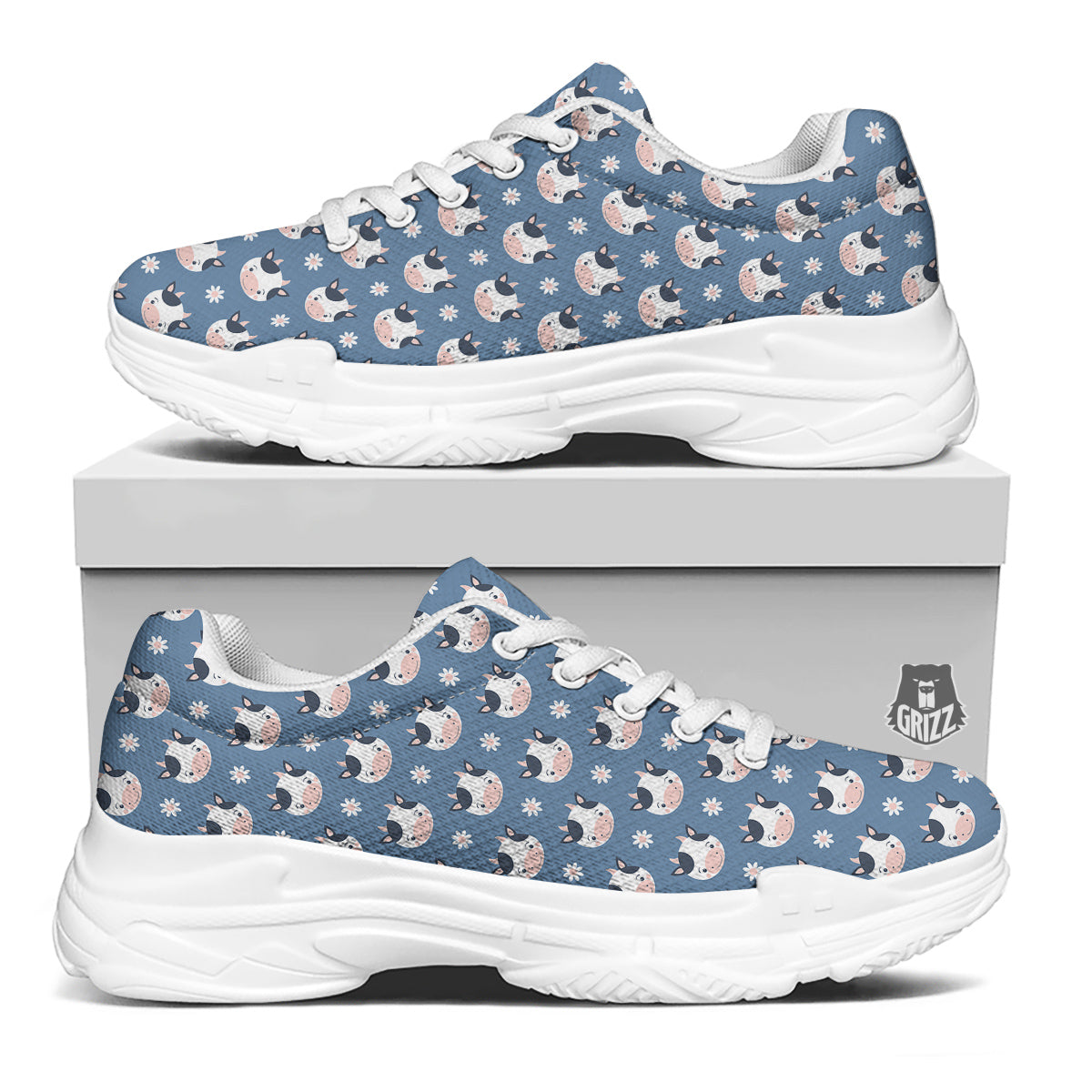 Cow Cute And Daisy Flower Print Pattern White Chunky Shoes-grizzshop