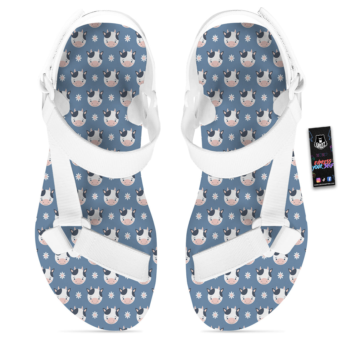 Cow Cute And Daisy Flower Print Pattern White Open Toe Sandals-grizzshop