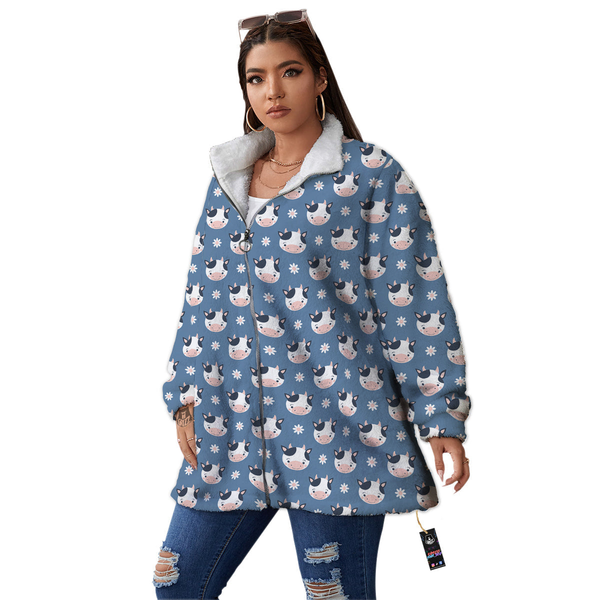 Cow Cute And Daisy Flower Print Pattern Women's Sherpa Jacket-grizzshop