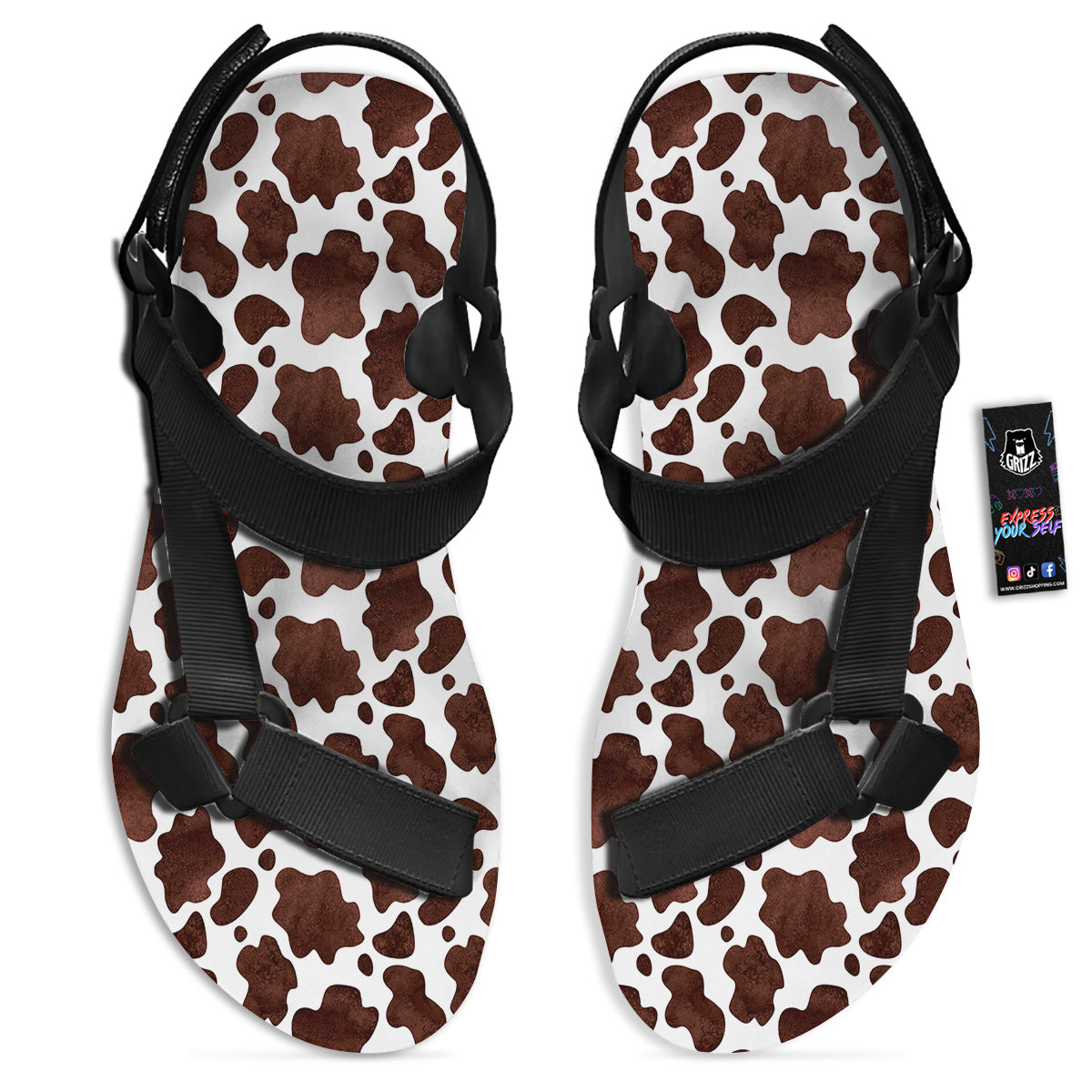 Cow Dark Brown Print Black Open Toe Sandals-grizzshop