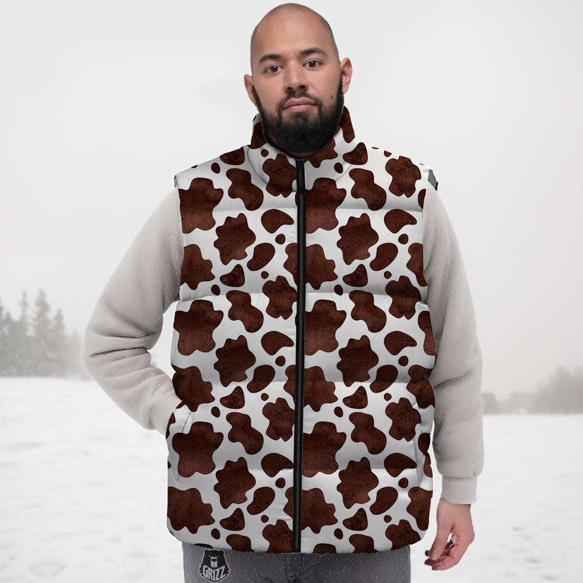 Cow Dark Brown Print Down Vest