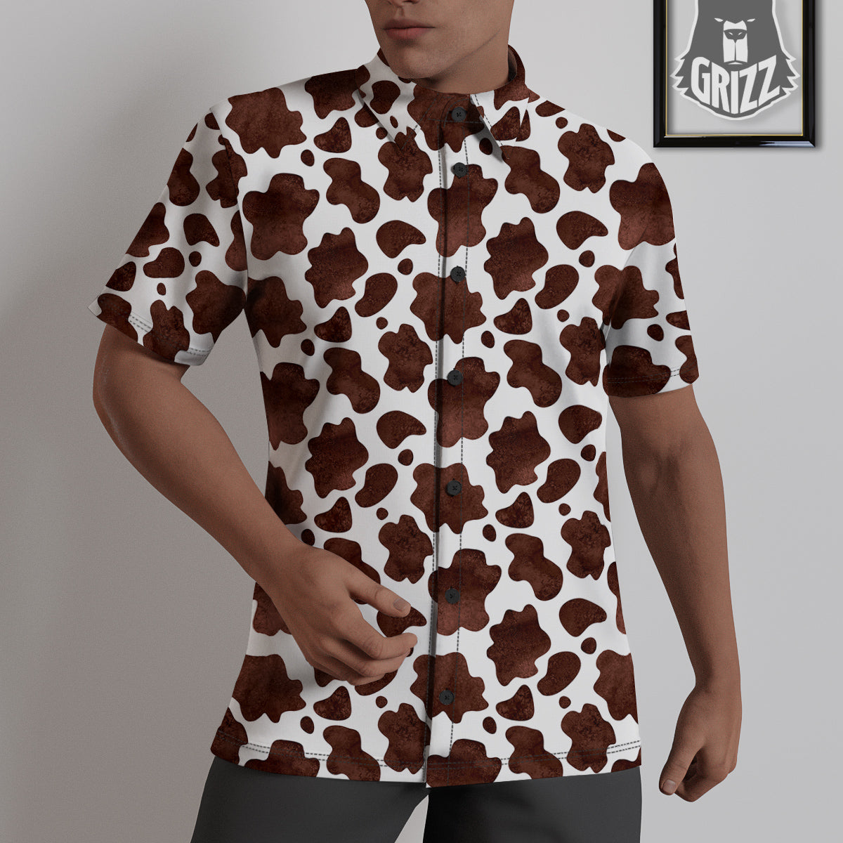 Cow Dark Brown Print Untucked Shirts-grizzshop