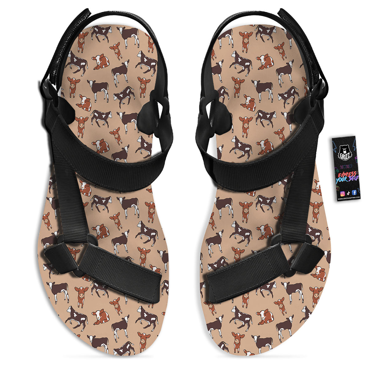 Cow Doodle Print Pattern Black Open Toe Sandals-grizzshop