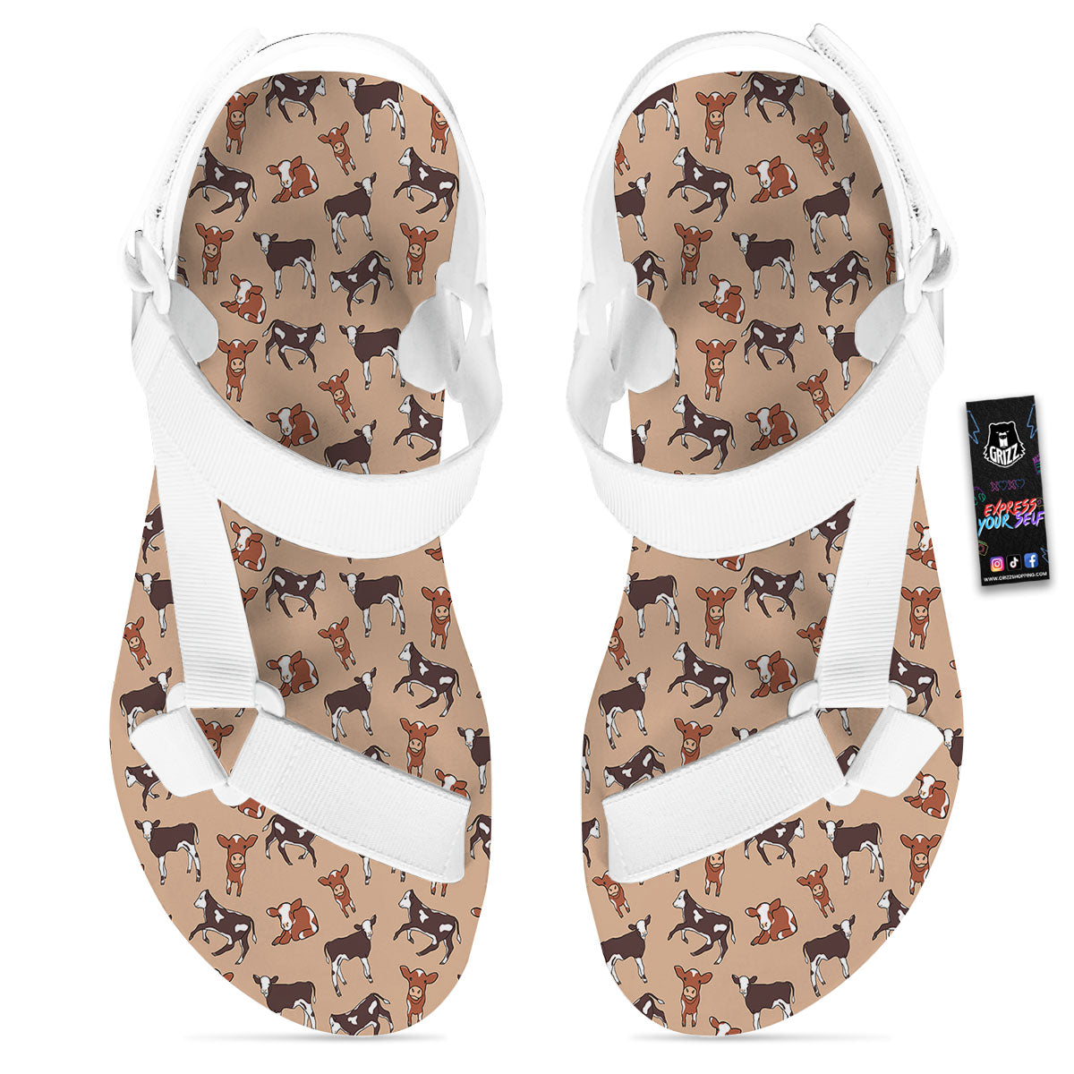 Cow Doodle Print Pattern White Open Toe Sandals-grizzshop