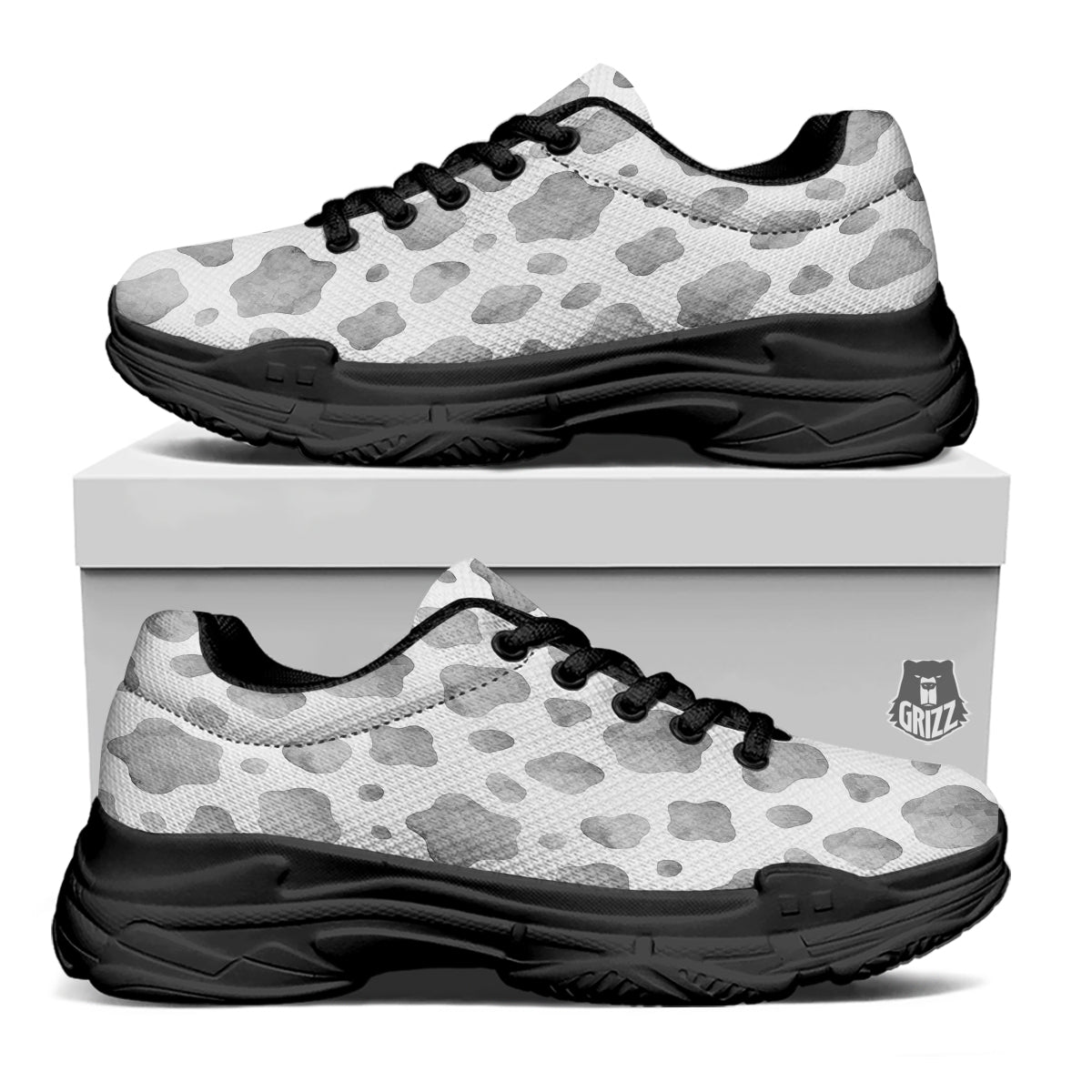 Cow Grey And White Print Pattern Black Chunky Shoes-grizzshop