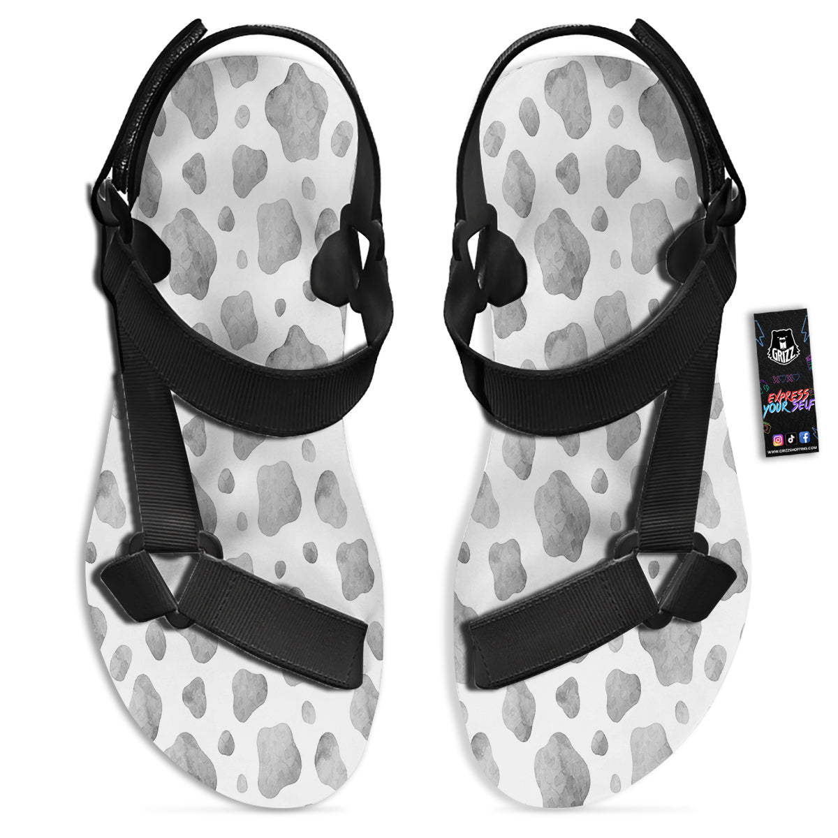 Cow Grey And White Print Pattern Black Open Toe Sandals-grizzshop