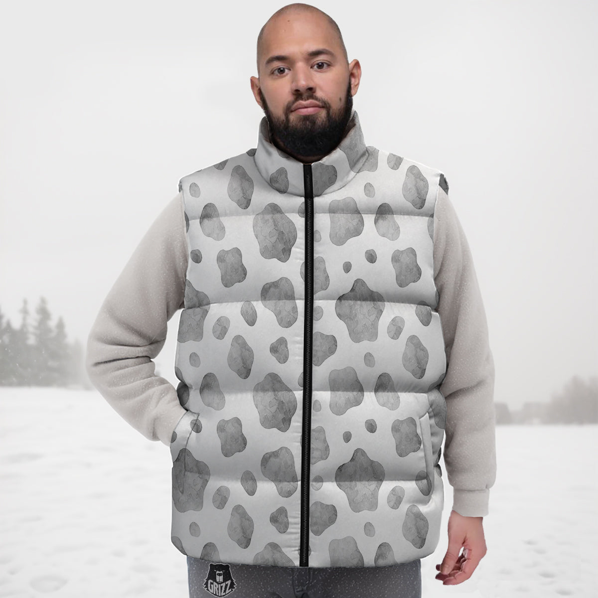 Cow Grey And White Print Pattern Down Vest