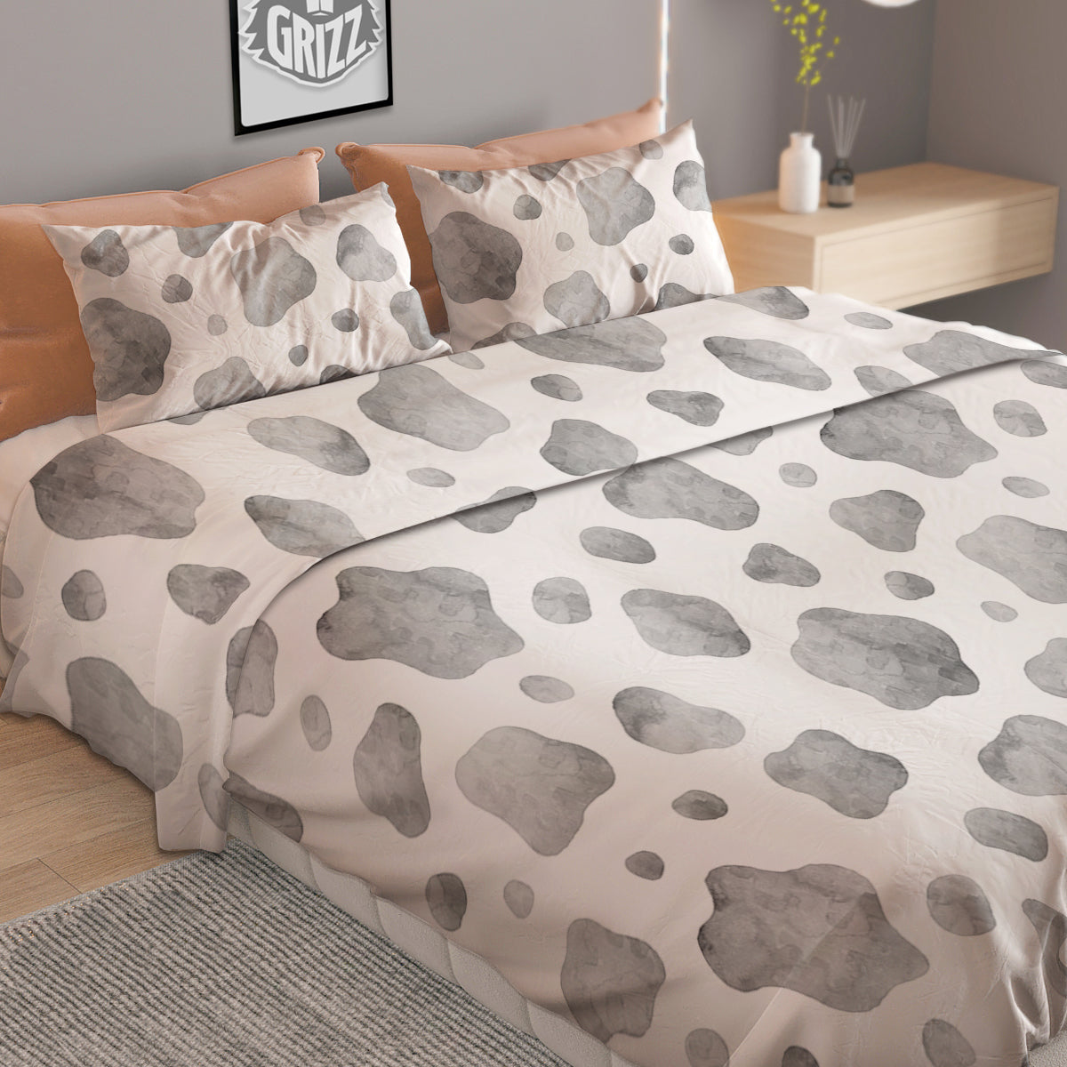 Cow Grey And White Print Pattern Duvet Cover Bedding Set