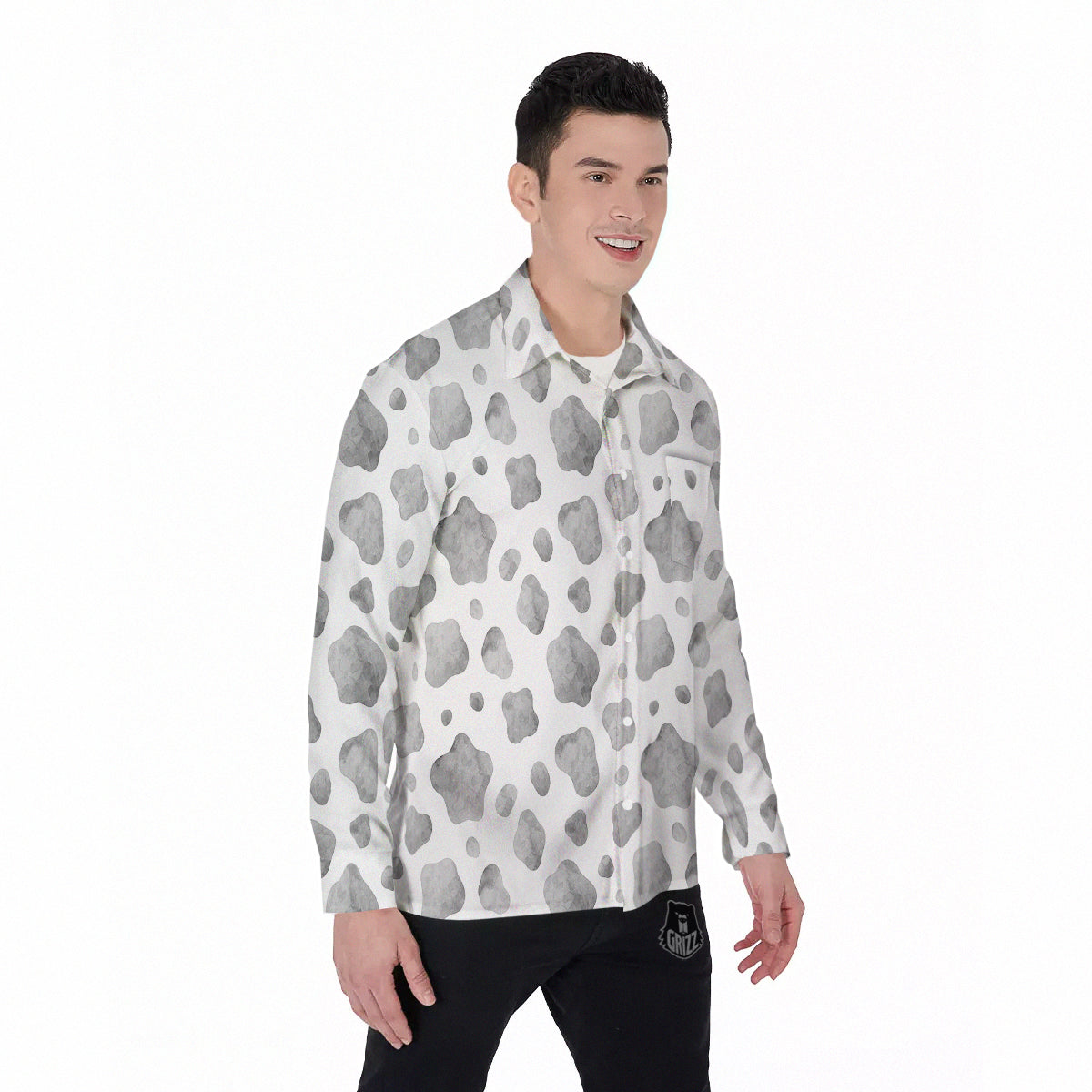 Cow Grey And White Print Pattern Men's Long Sleeve Shirts-grizzshop