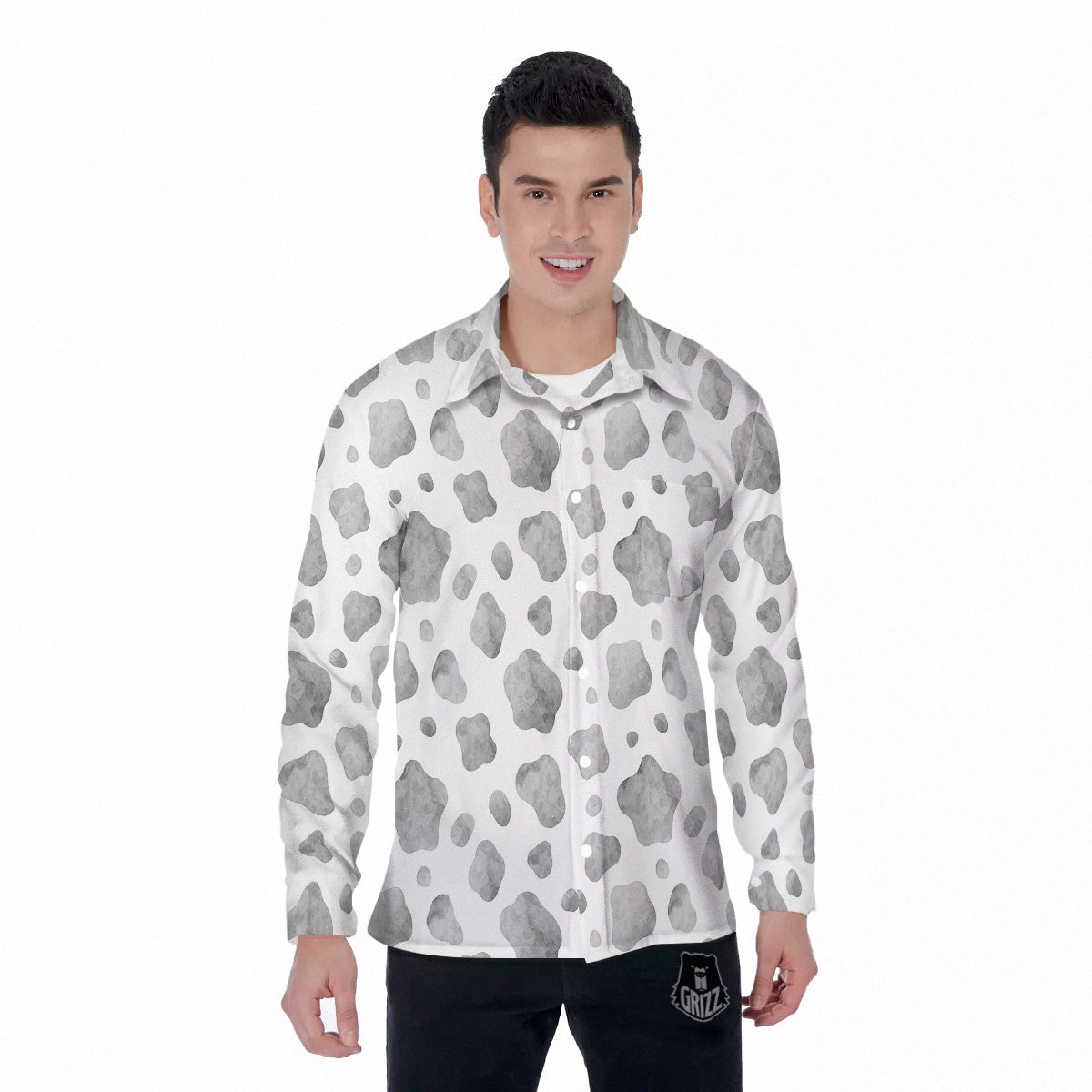 Cow Grey And White Print Pattern Men's Long Sleeve Shirts-grizzshop