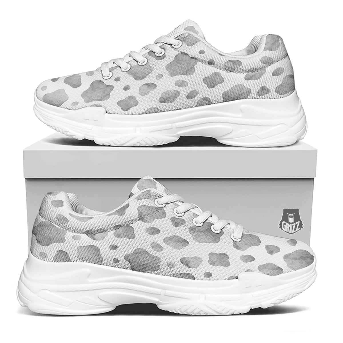 Cow Grey And White Print Pattern White Chunky Shoes-grizzshop