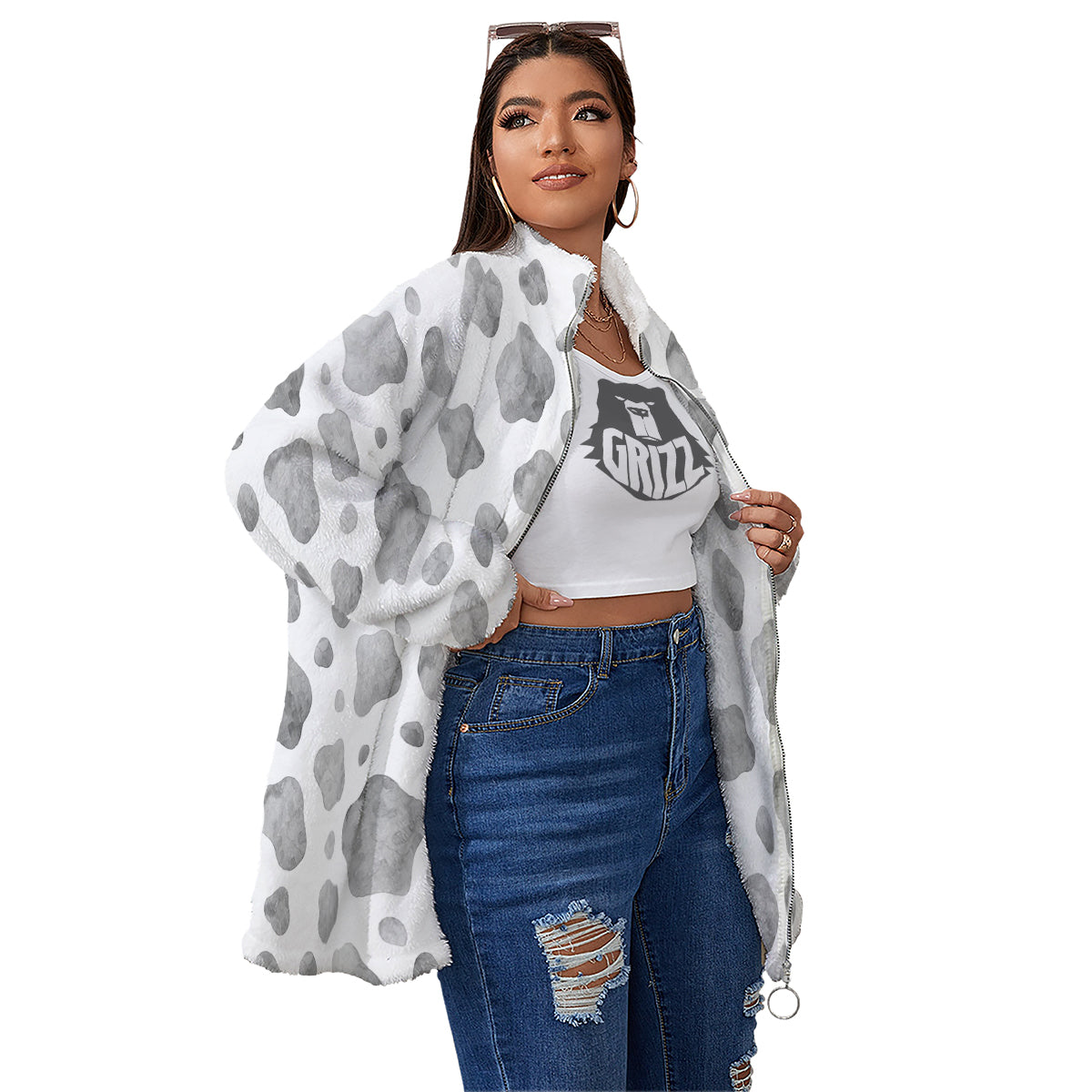 Cow Grey And White Print Pattern Women's Sherpa Jacket-grizzshop