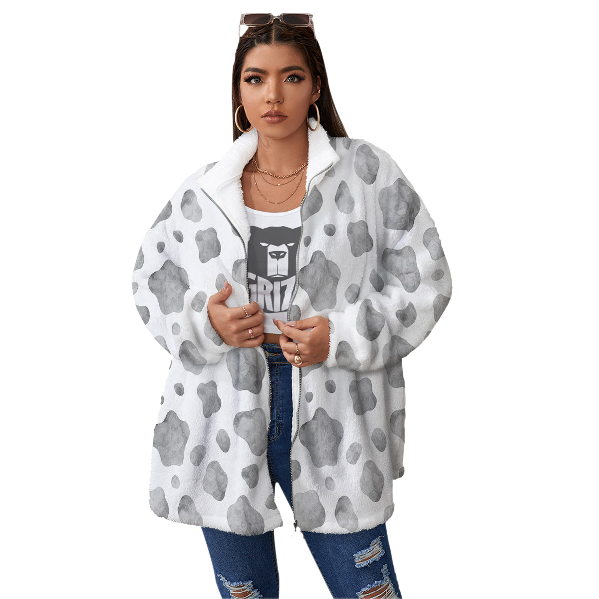 Cow Grey And White Print Pattern Women's Sherpa Jacket-grizzshop