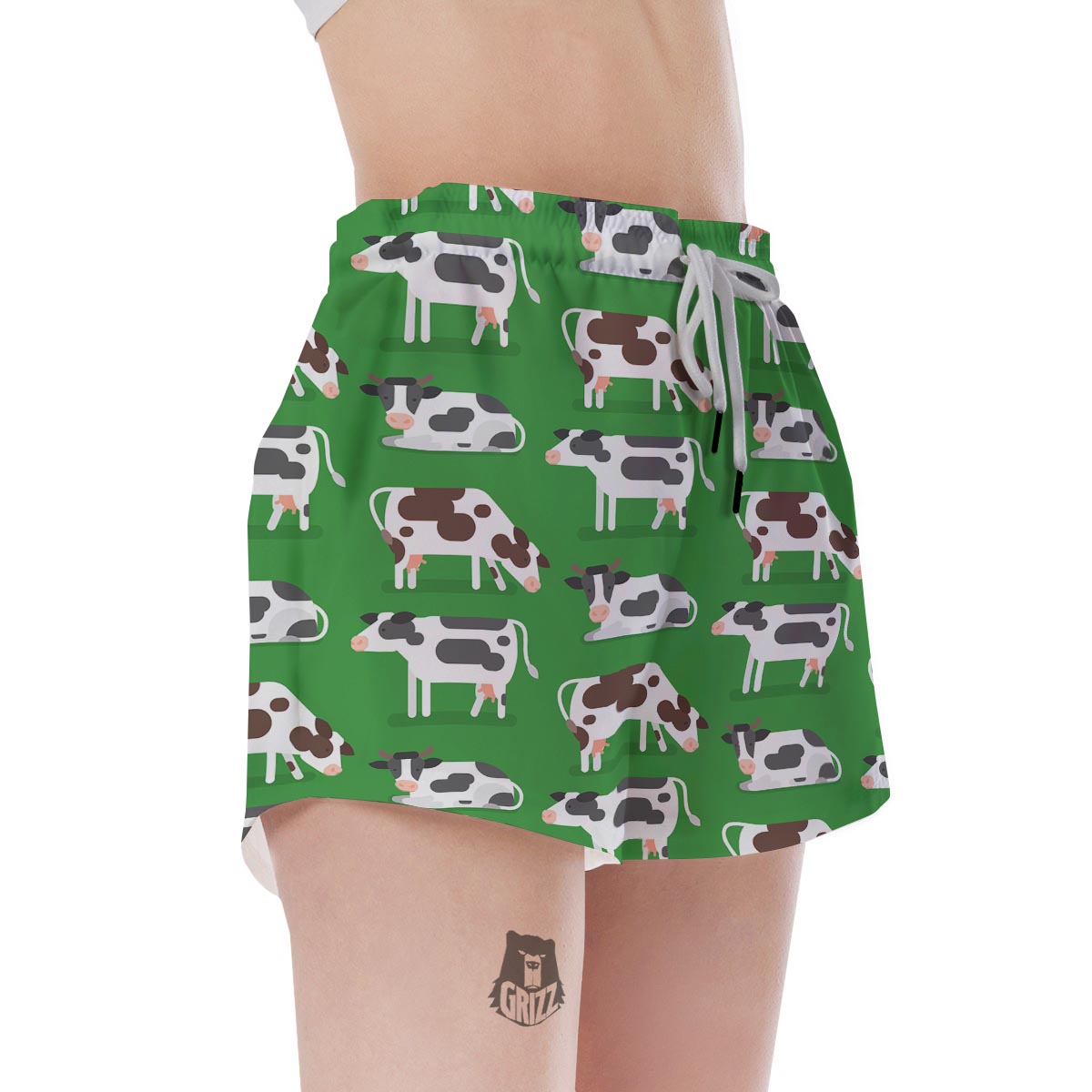 Cow In Green Grass Print Women's Shorts-grizzshop