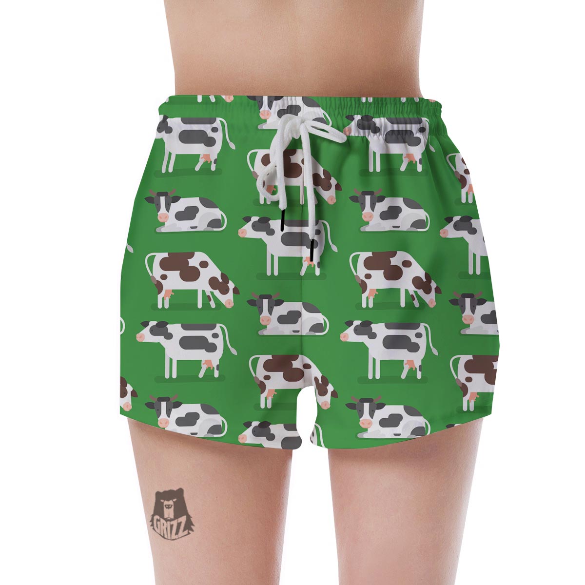 Cow In Green Grass Print Women's Shorts-grizzshop