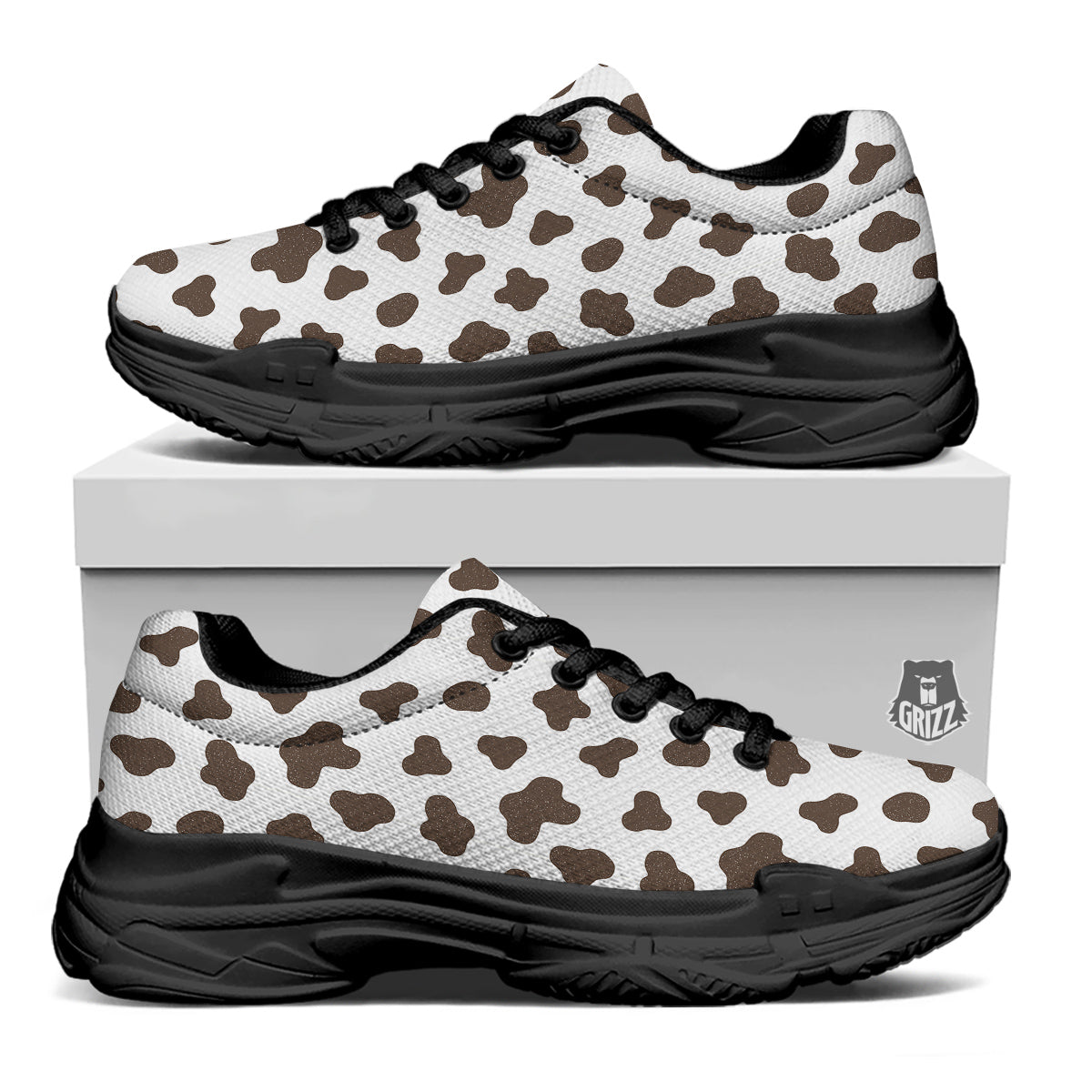 Cow Milk And Chocolate Print Black Chunky Shoes-grizzshop