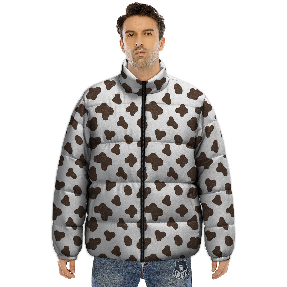 Cow Milk And Chocolate Print Puffer Jacket-grizzshop