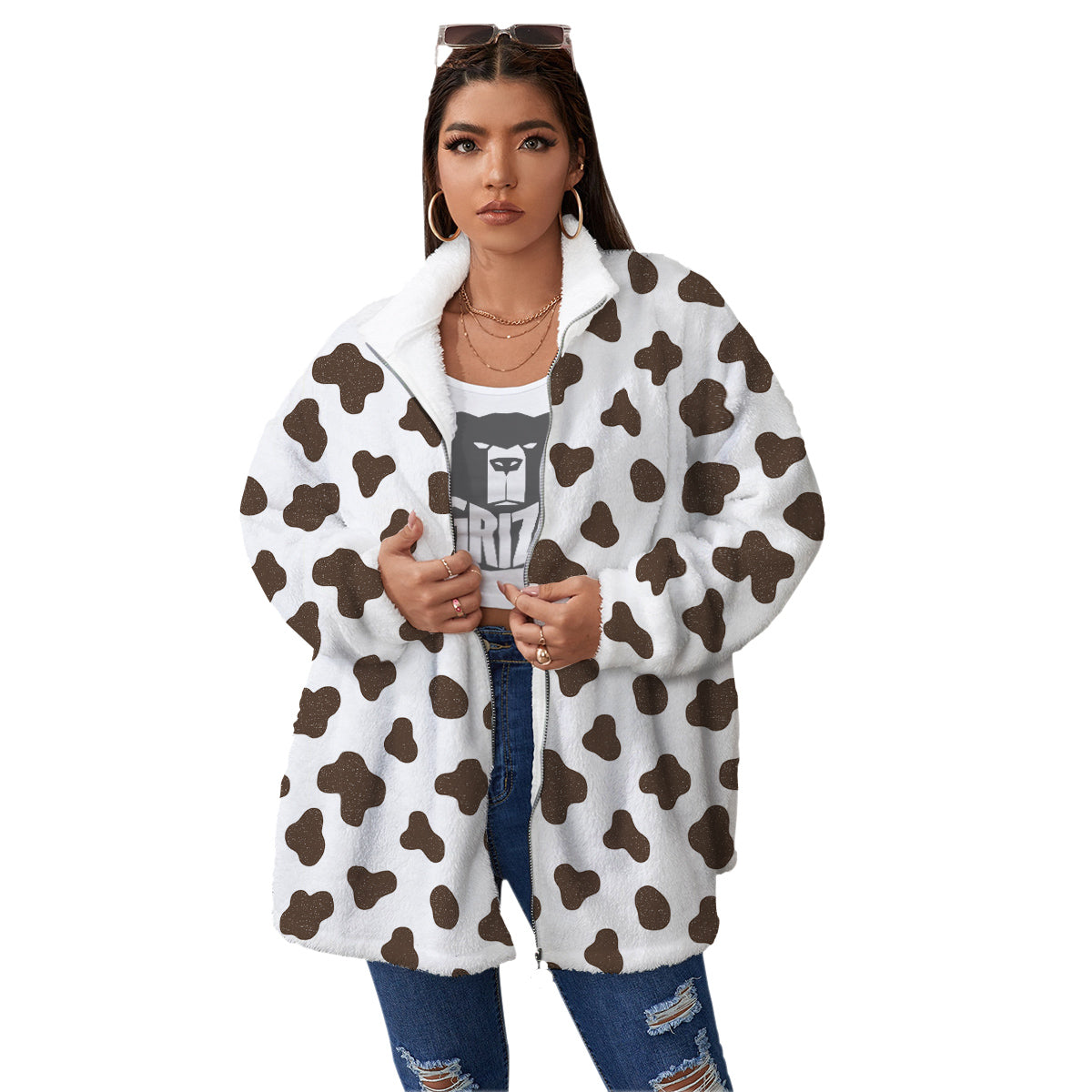 Cow Milk And Chocolate Print Women's Sherpa Jacket-grizzshop