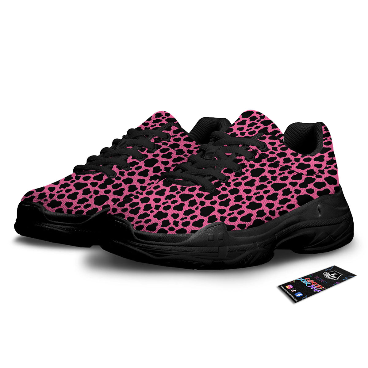 Cow Pink And Black Print Black Chunky Shoes-grizzshop
