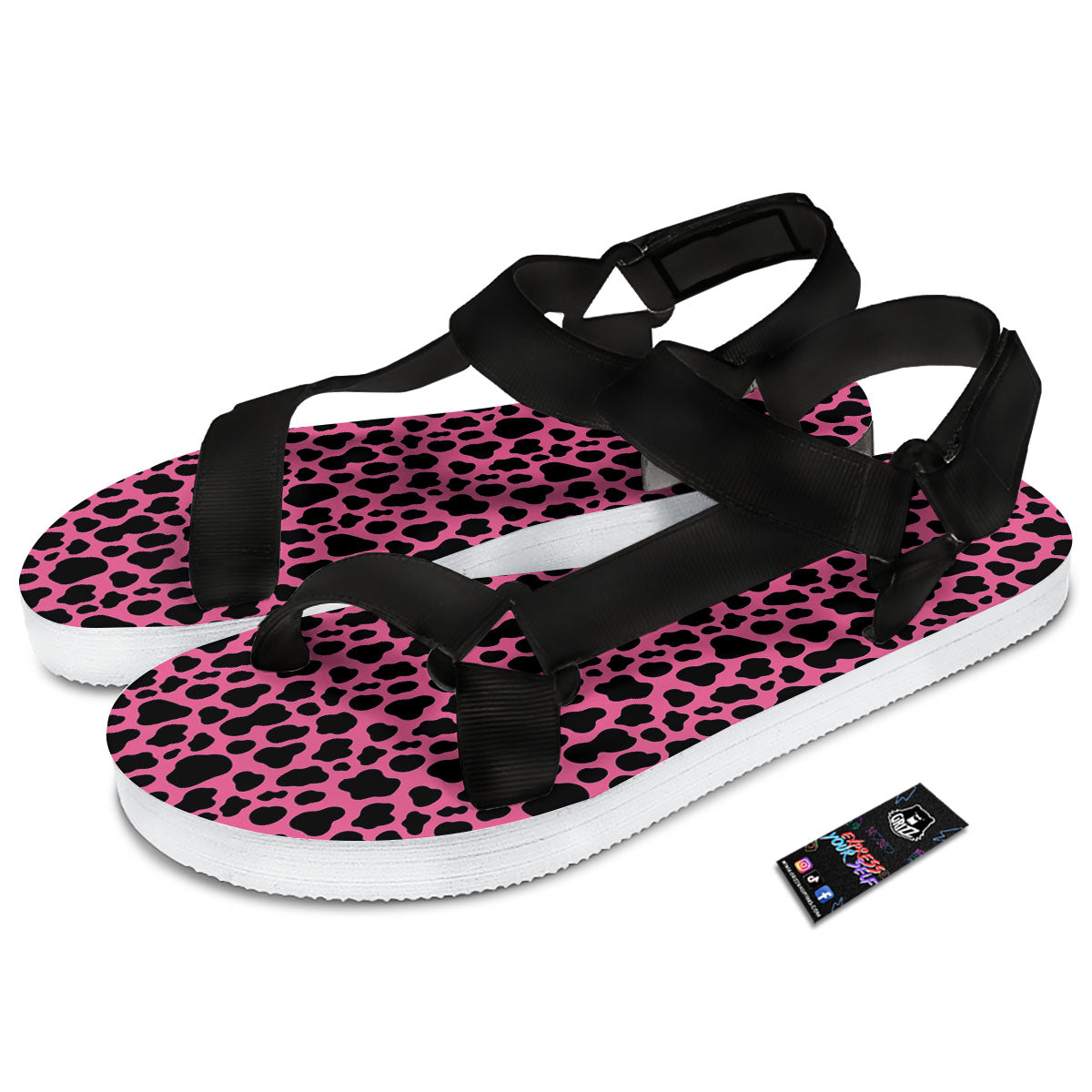 Cow Pink And Black Print Black Open Toe Sandals-grizzshop