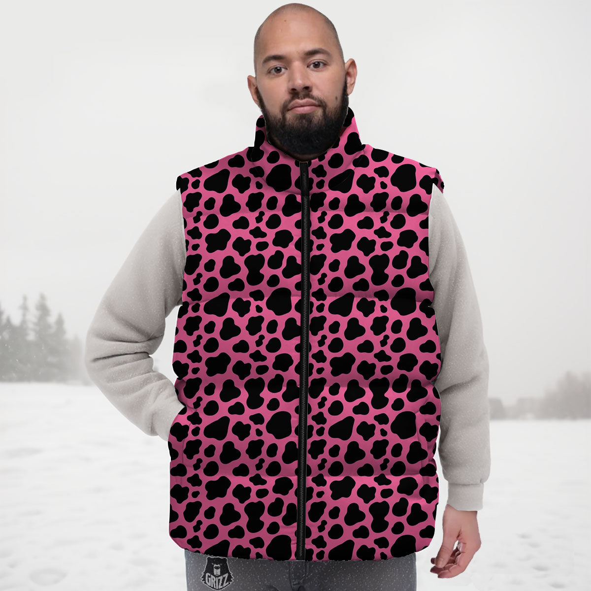 Cow Pink And Black Print Down Vest