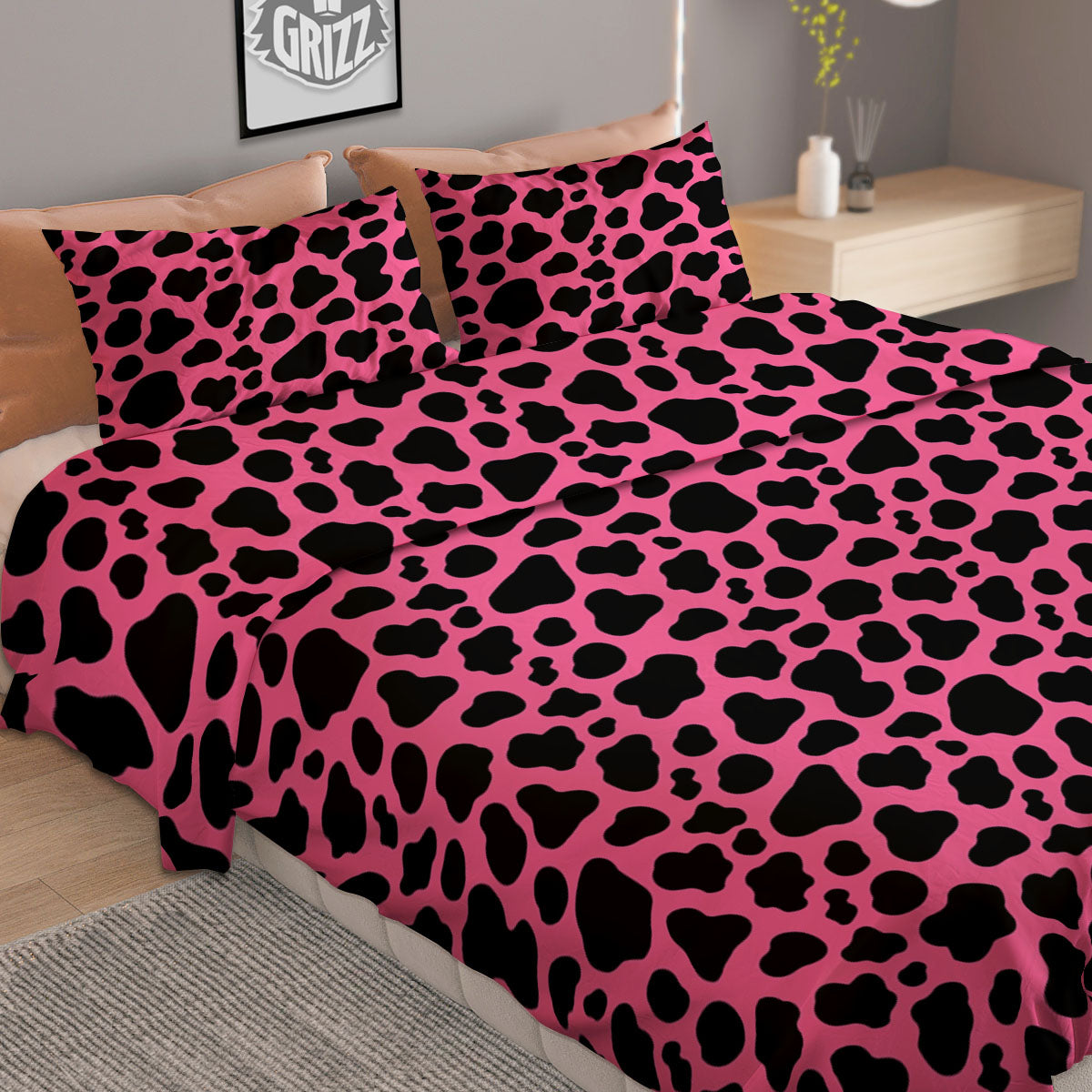 Cow Pink And Black Print Duvet Cover Bedding Set