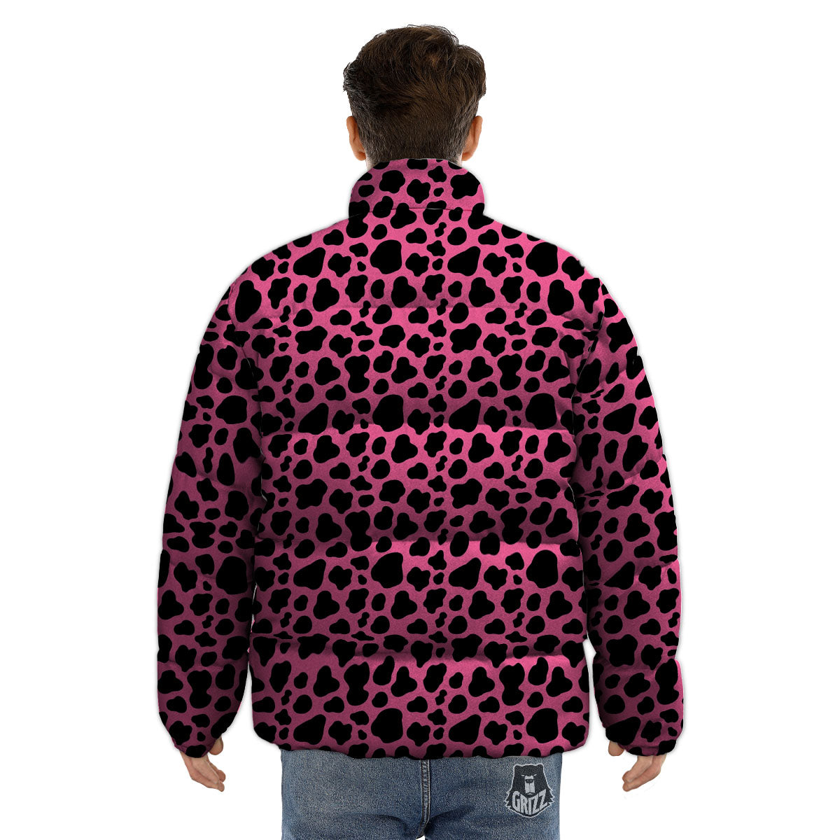 Cow Pink And Black Print Puffer Jacket-grizzshop